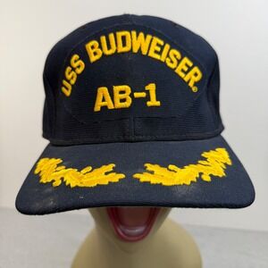 Vintage New Era USS Budweiser AB-1 Snapback Hat Navy Blue Scrambled Eggs USA